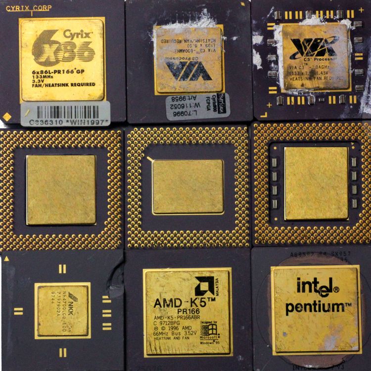 CPU Processor Ceramic Goldcap. Computer processors with gold-plated contacts and attached gold cap.